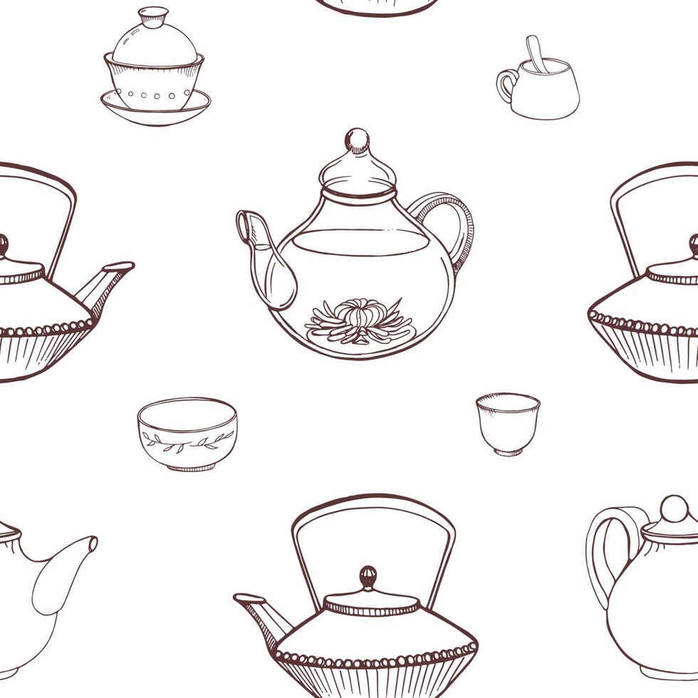 elegante monocromo sin costura modelo con tradicional japonés té ceremonia herramientas mano dibujado con contorno líneas en blanco antecedentes - tetera, tazas o bochas, tetsubin pava. ilustración. vector