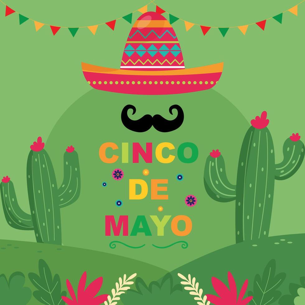 Cinco de mayo. Mexican hat with mustache. Cacti vector