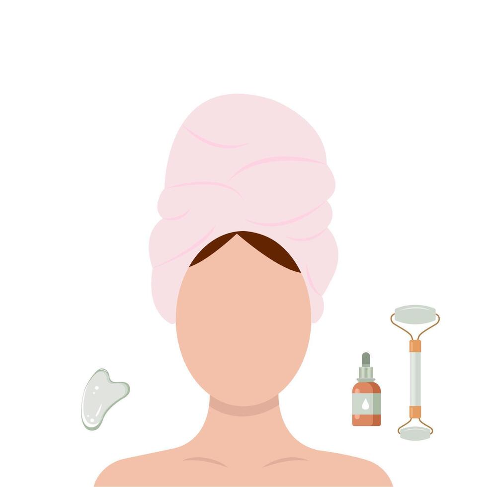 Facial massage and skin care concept. Woman do cosmetic spa procedures for face with jade roller. Morning routine. vector