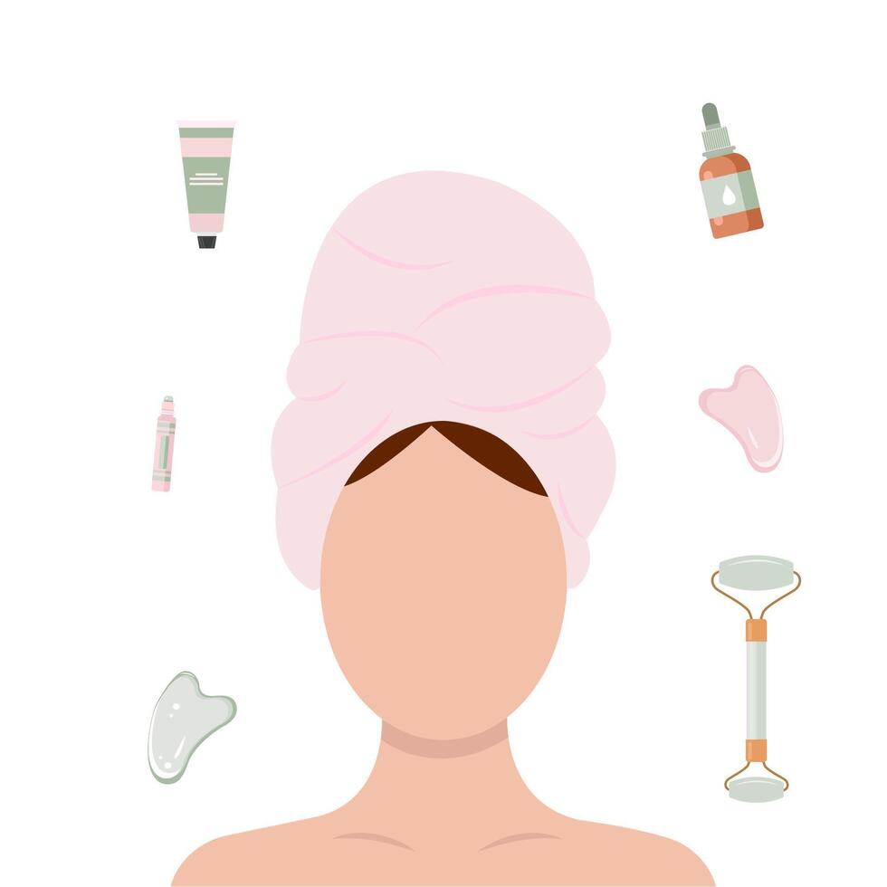 concept of facial massage and skin care. Woman doing cosmetic spa treatments for the face with a set of cosmetics. Morning routine vector