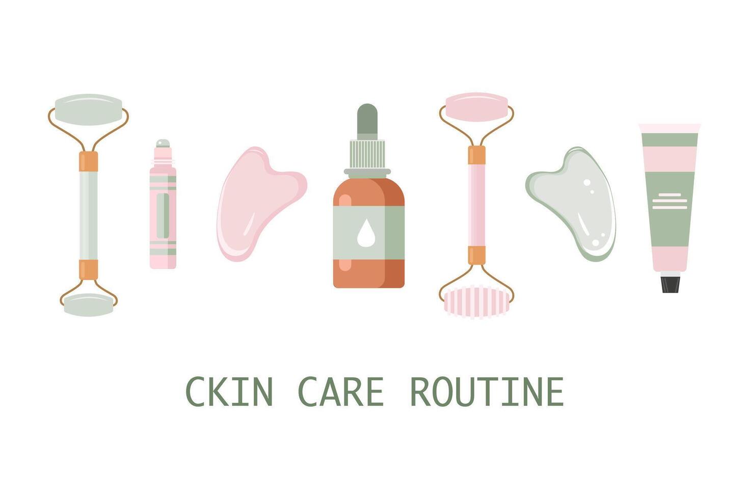 Rose quartz roller and gua sha scraper. Set of facial massage tool. Chinese skin care concept. Cream, serum. Morning routine vector