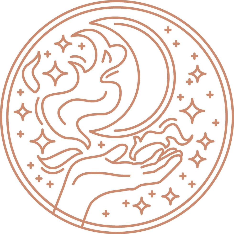 Mystical violet boho logo. Hand with magic, moon and stars in the sky round shape aesthetic outline icon. vector