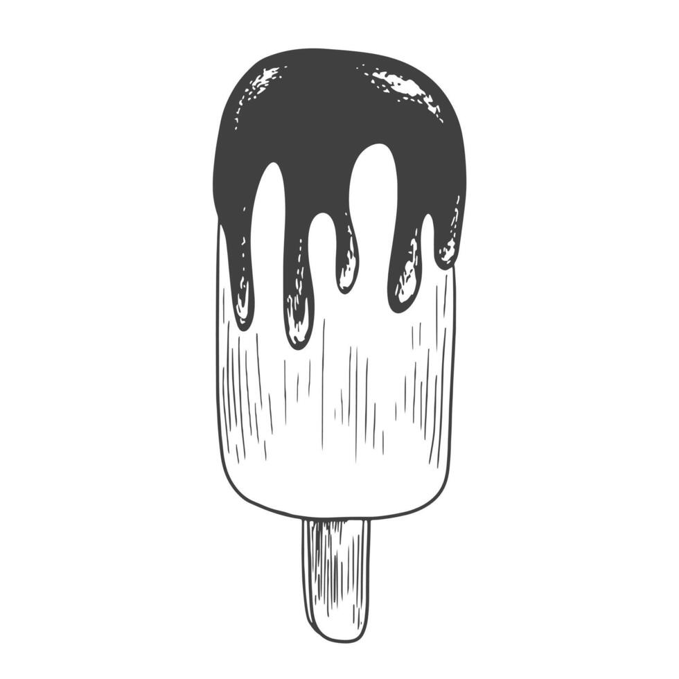 Ice cream sketch isolated on white background. Eskimo pie. Ice cream on a stick with chocolate glaze. Chocolate topping. Frozen dessert. Black and white gelato drawing with hatching vector