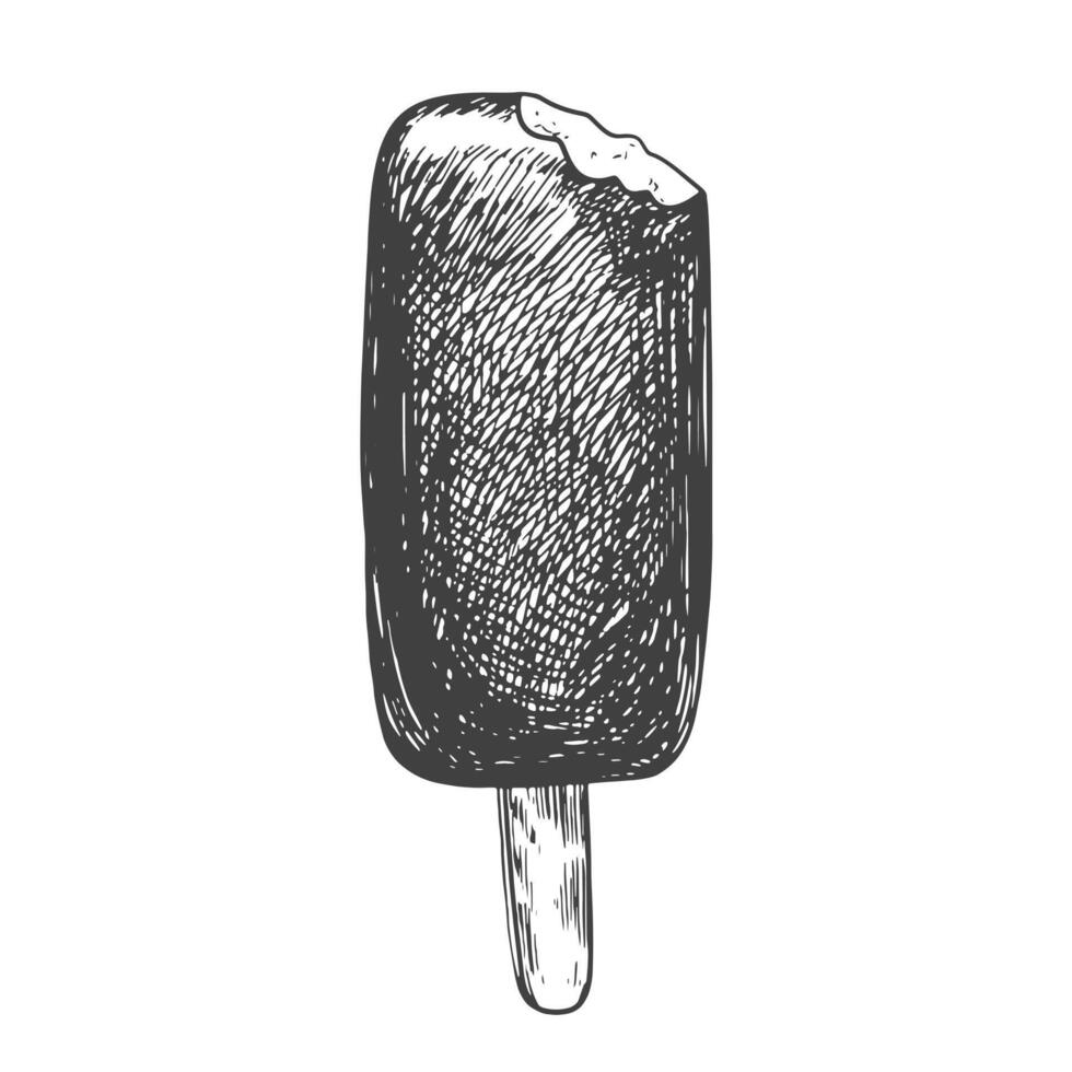 Ice cream sketch. Bitten ice cream isolated on white background. Eskimo pie. Ice cream on a stick with chocolate glaze. Chocolate topping. Frozen dessert. Black and white gelato drawing with hatching vector
