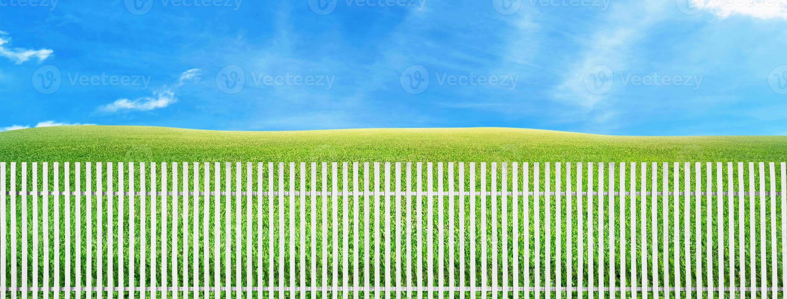 White picket fence, green grass, and a clear sky. photo