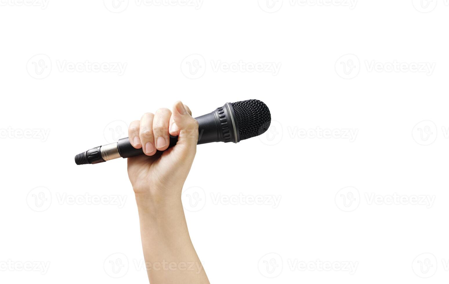 hand holding microphone Isolated on a white background photo