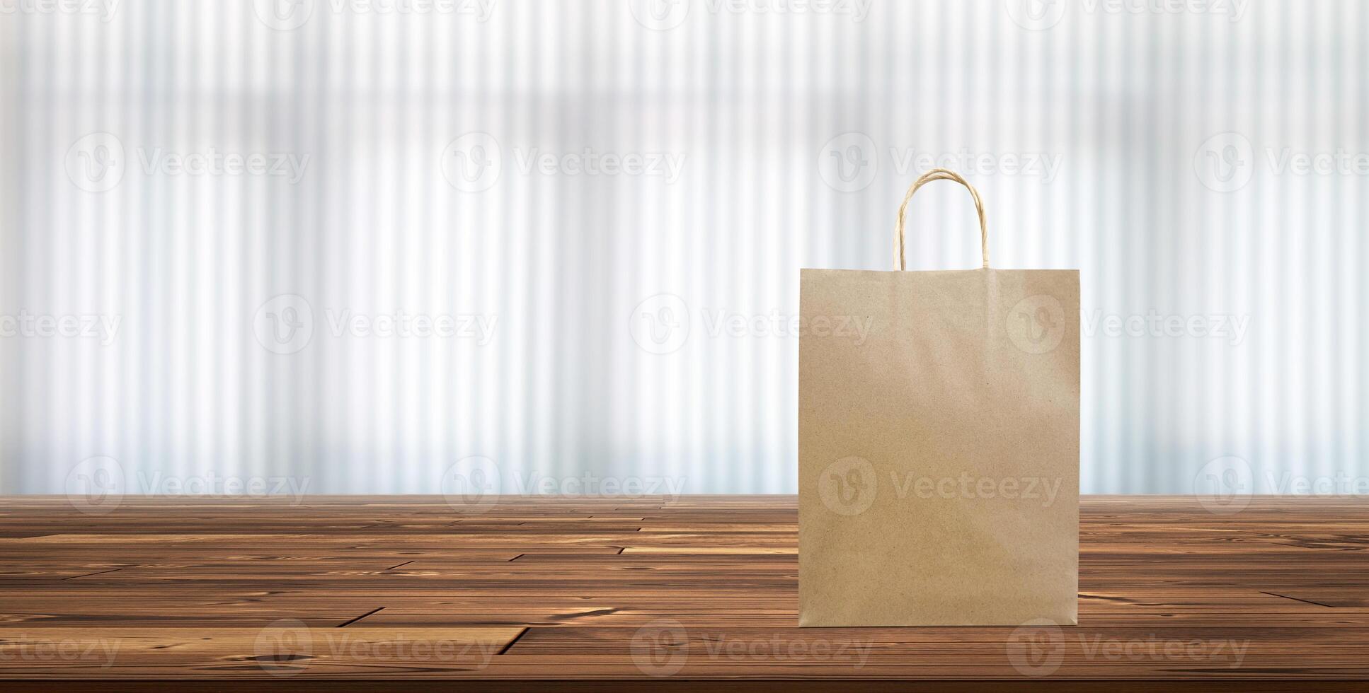 Paper bags, shopping bags on a wooden table, blurred curtain background. photo