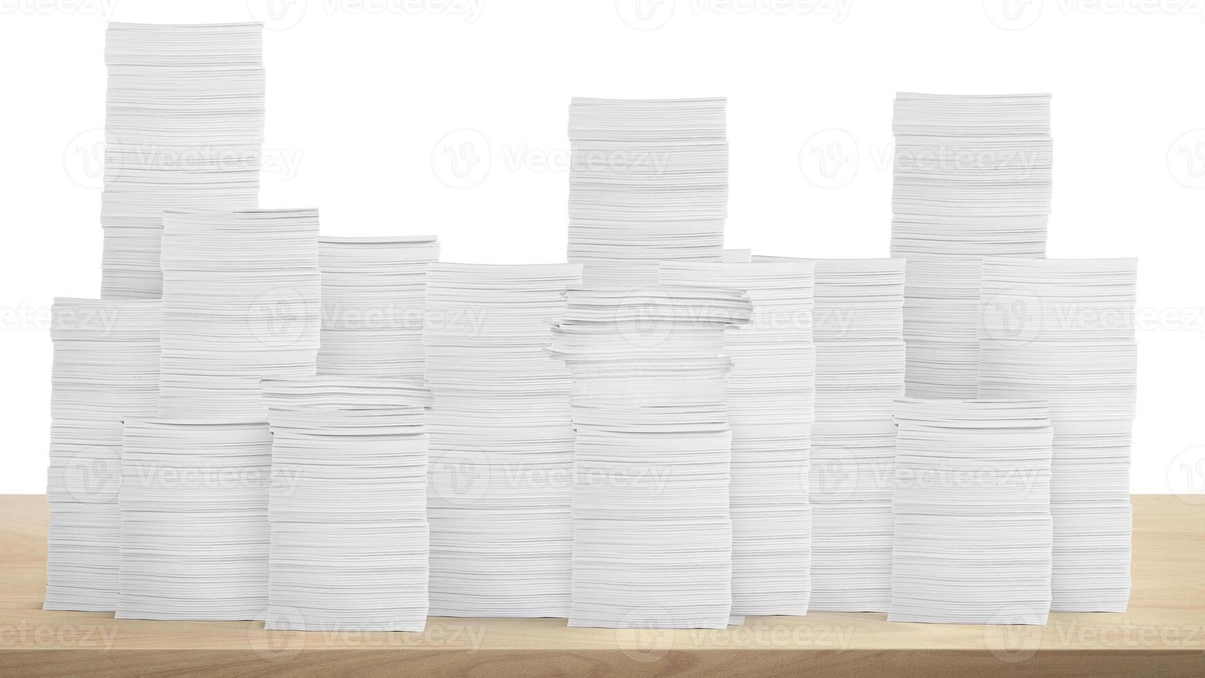 Stack of paper documents on the table Document work in the office Isolated pile on white background. photo