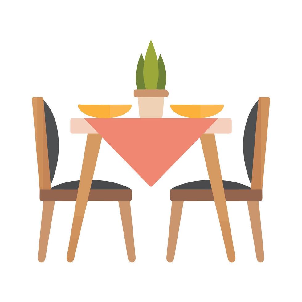 hogar maravillas ilustrado mesa esenciales, incluso sillas, platos, y flores vector