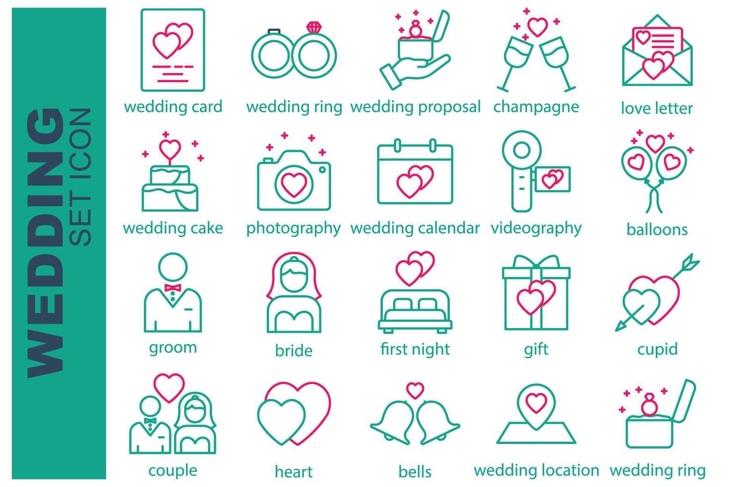 wedding icon set. groom, bride, cupid, wedding card and more. line icon style. wedding element illustration vector