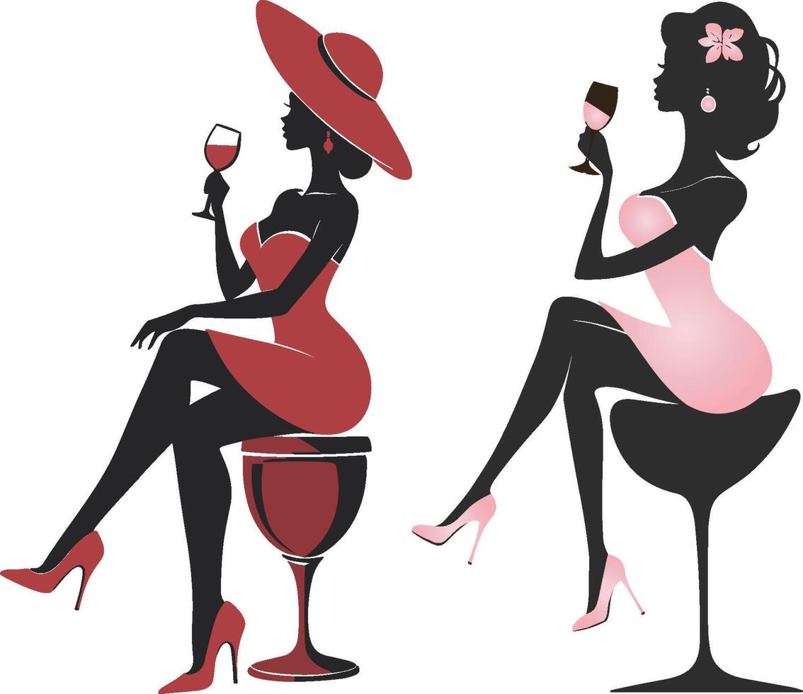 Silhouette of a woman sitting on a stool with a glass of wine in her hand vector