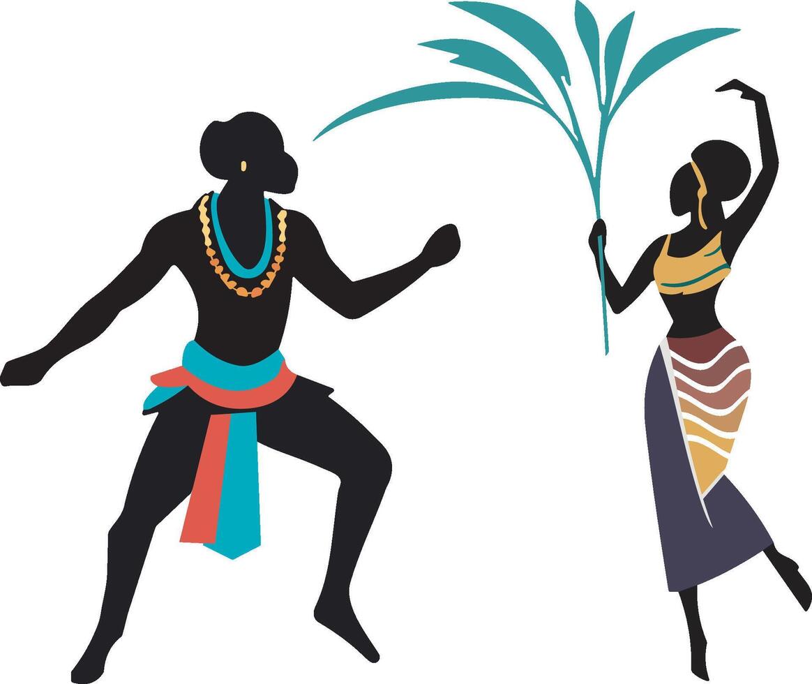 siluetas de negro africano hombre y mujer bailando en el Vamos un étnico bailar, obra de arte presentando el cultura de África. vector