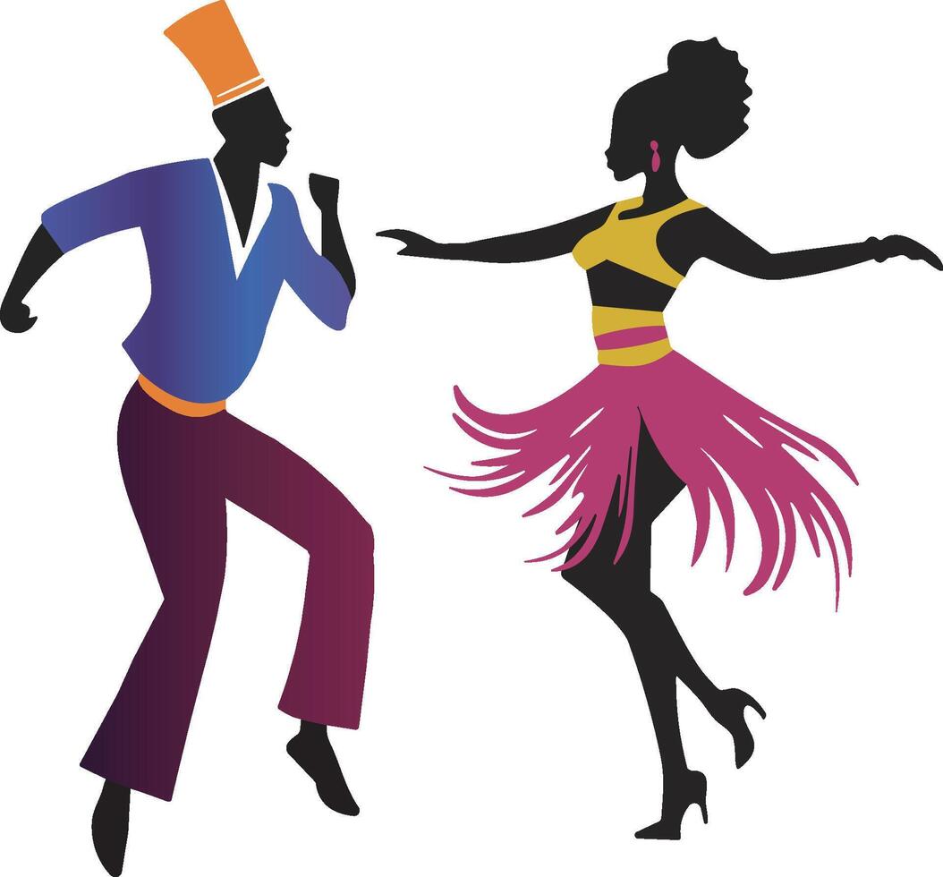 Silhouettes of black African man and woman dancing on the go an ethnic dance, artwork featuring the culture of Africa. vector