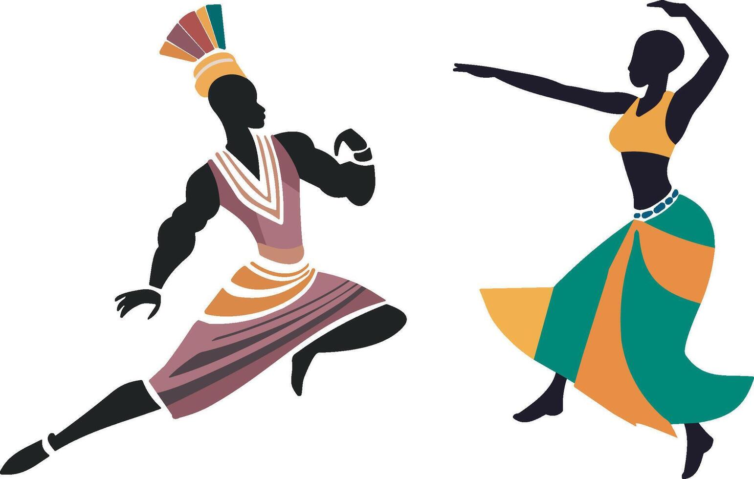 Silhouettes of black African man and woman dancing on the go an ethnic dance, artwork featuring the culture of Africa. vector