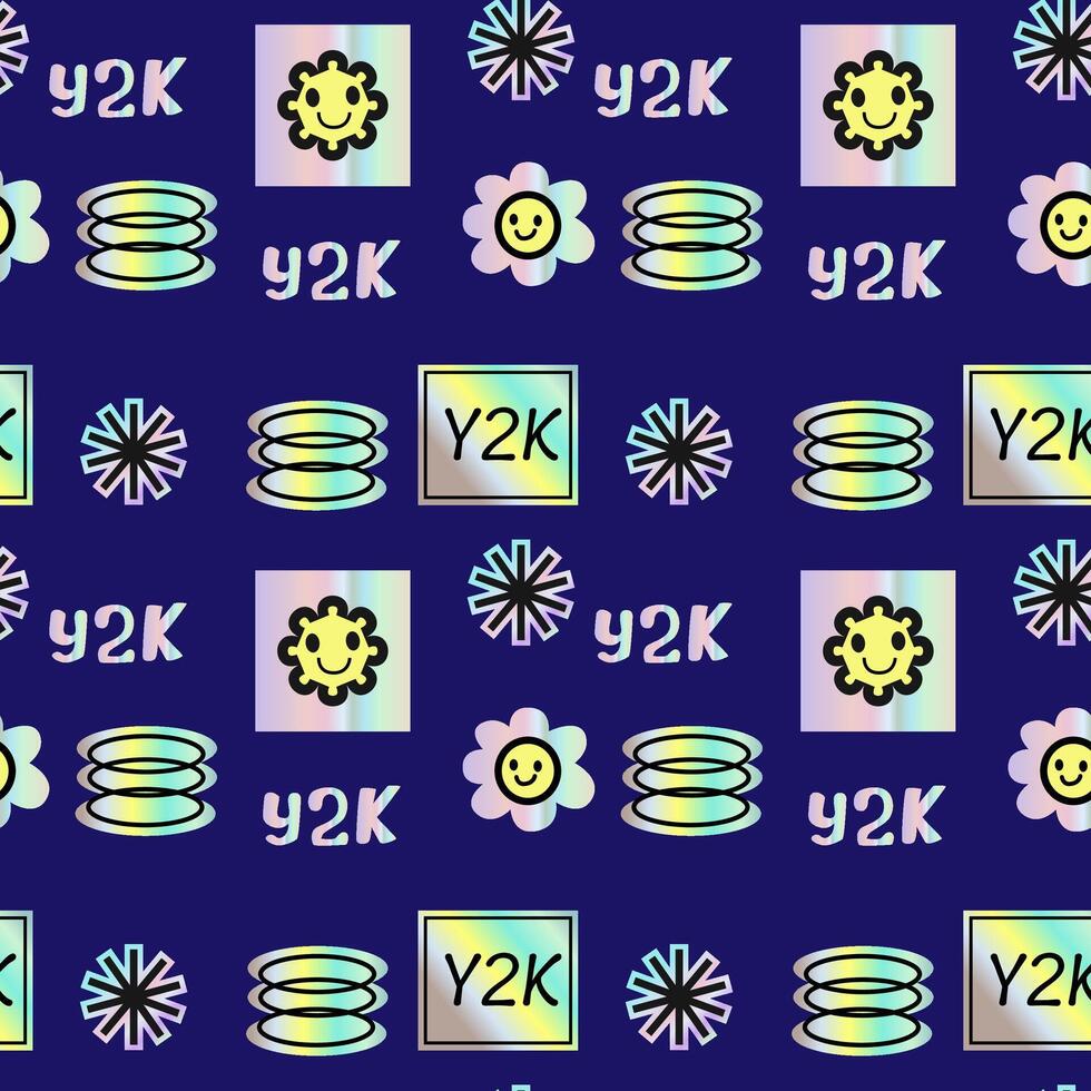 2000s pattern with hologram stickers, smiling, quotes and shining shapes vector