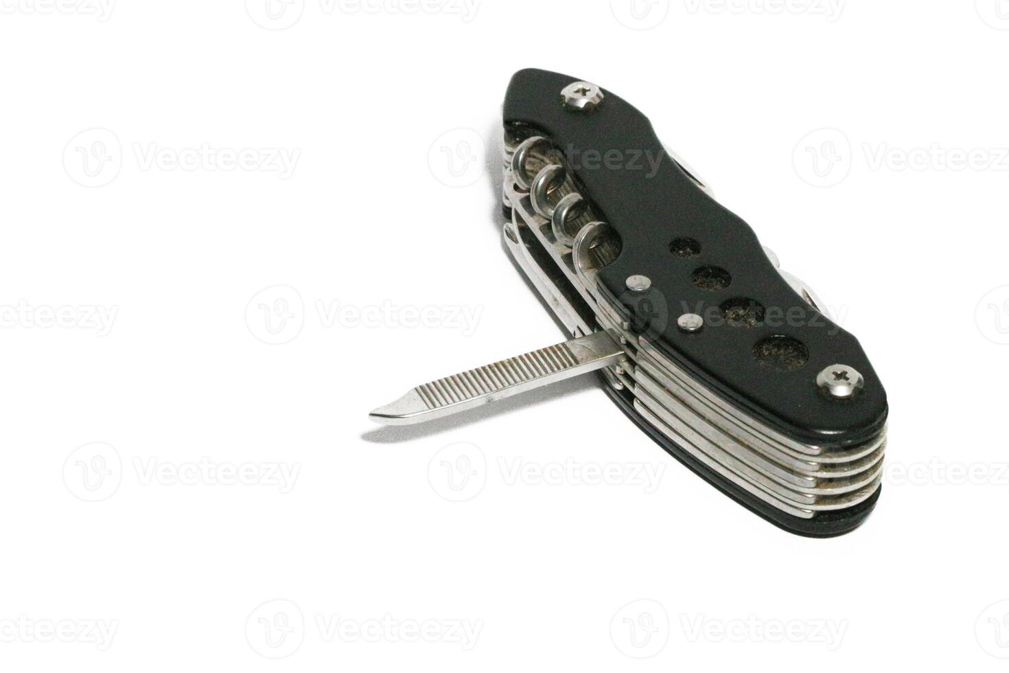 Pocket knife. Steel arm. Multi tool kit. A small folding knife was tied. Multi tool for climbing. White background pocket folding knife photo