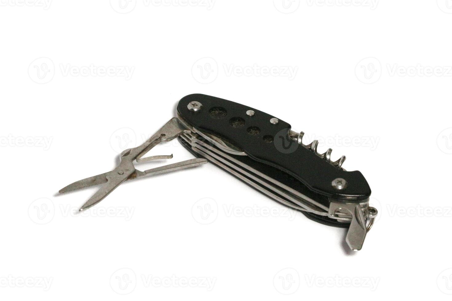 Pocket knife. Steel arm. Multi tool kit. A small folding knife was tied. Multi tool for climbing. White background pocket folding knife photo