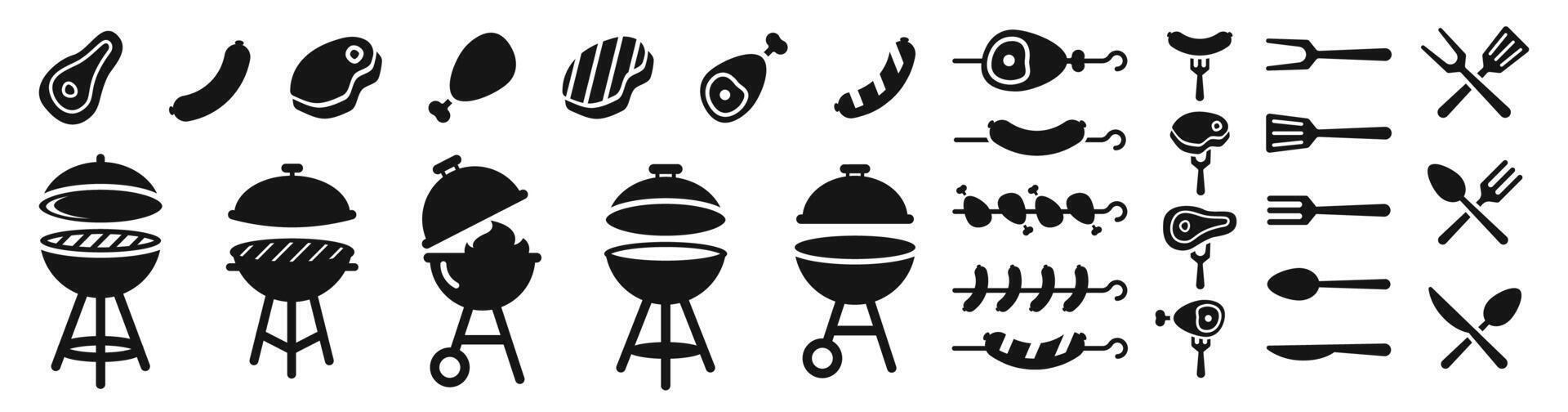 barbacoa icono colocar. parilla interrogatorio intenso iconos barbacoa picnic simbolos silueta estilo iconos vector