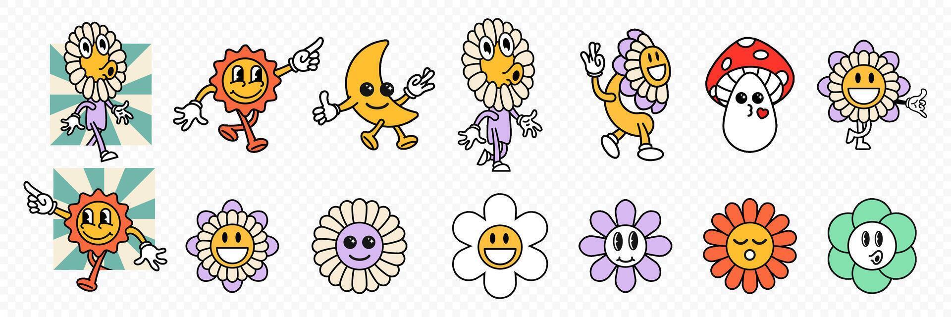 Old cartoon style elements. Groovy cartoon elements. Retro 70s groovy elements vector