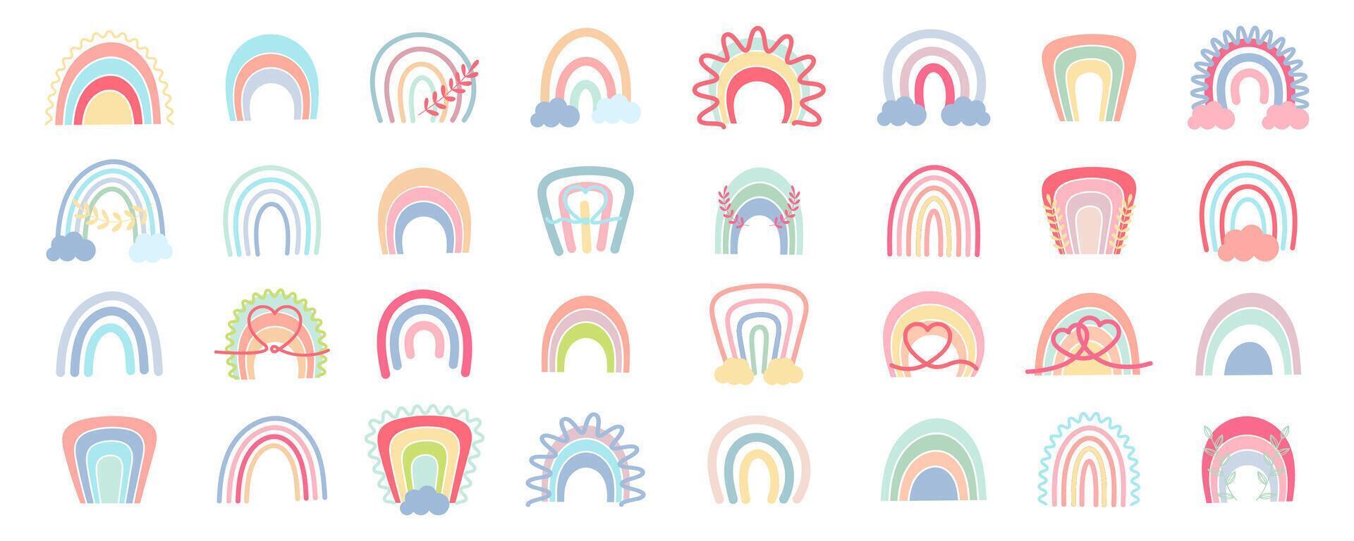 Boho rainbows set. Collection of hand drawn boho rainbows. Doodle rainbow collection. Cartoon rainbows vector