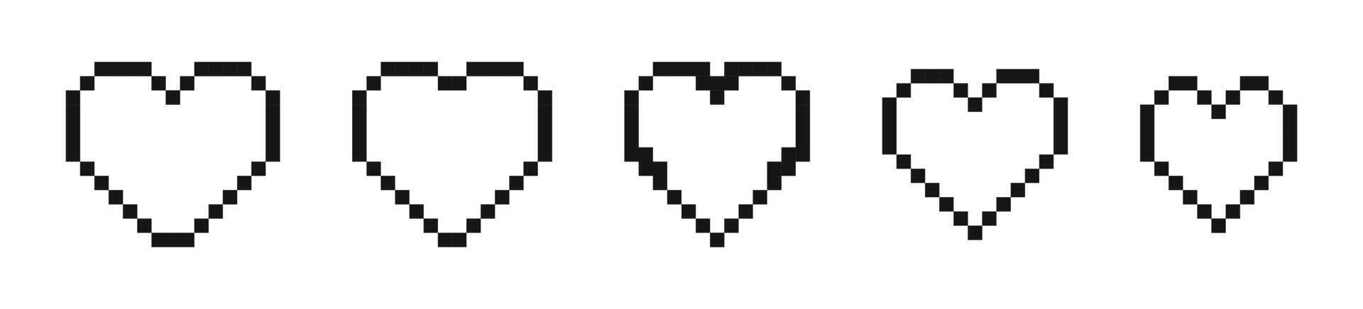 Pixel art heart. art 8 bit health heart bar. Pixel heart icon set. Pixel game life bar. vector