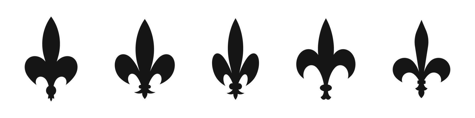 Heraldic lily icons. Fleur-De-Lis icons. Fleur de lis silhouettes. Silhouette style icons. vector