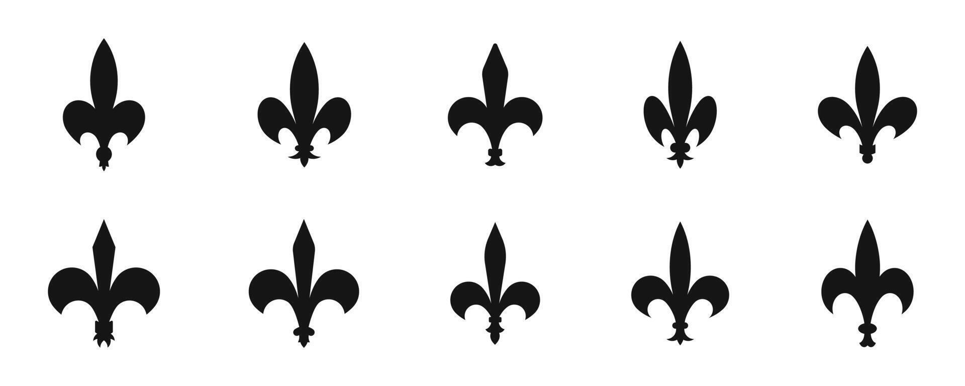 Fleur-De-Lis icon collection. Heraldic lily icons. Silhouette style icons. vector