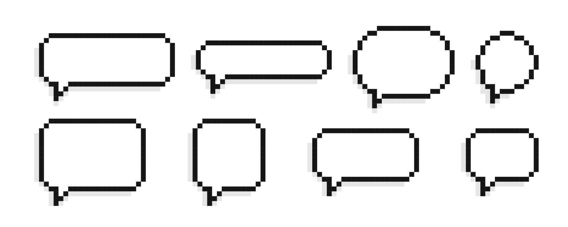 Pixel speech bubbles. Chat speech or dialogue. Empty pixelated speech bubbles. Chat speech or dialogue bubbles in pixel art style. vector