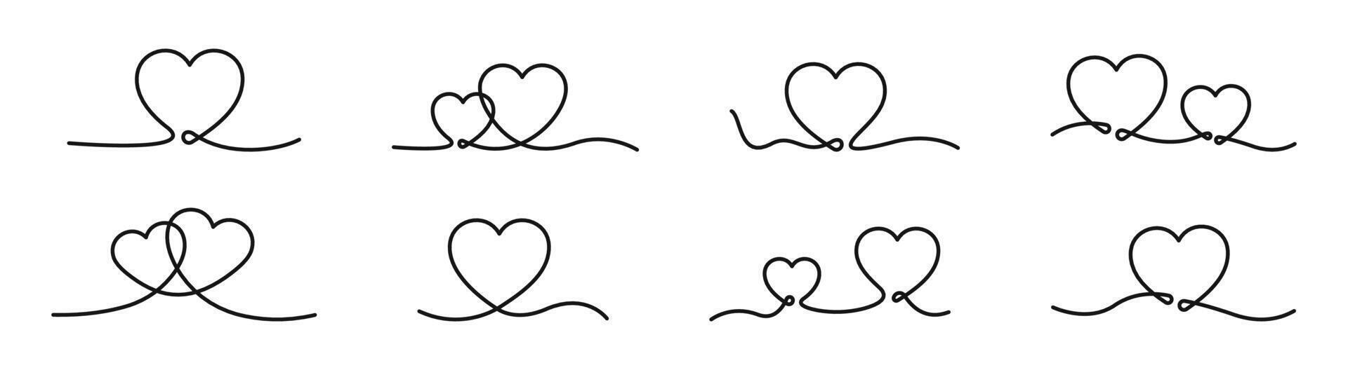 Continuous line art drawn hearts. Doodle hearts. Linear heart. Simple line hearts vector