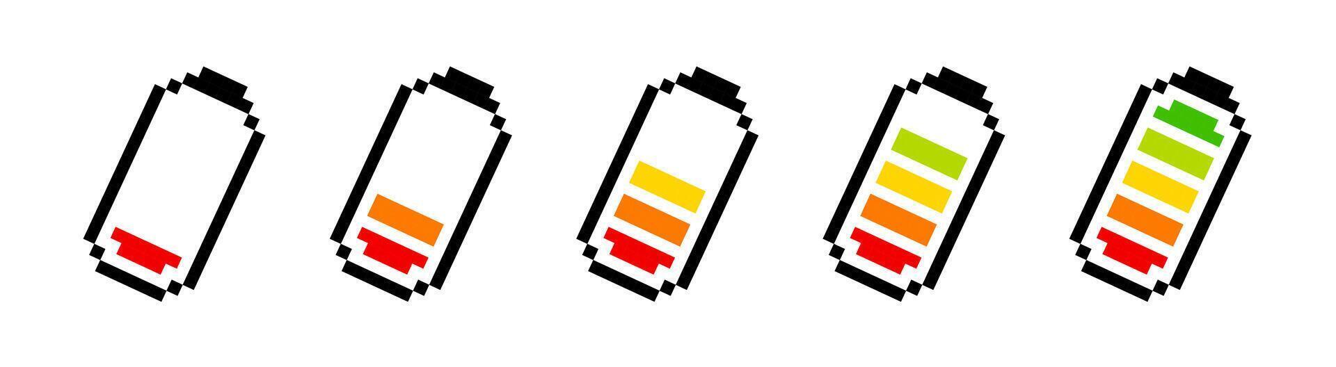 Pixel battery icons. Battery charging process. Battery charge level. Pixel battery indicator. Pixel art 8-bit. Simple 8bit pixel battery vector