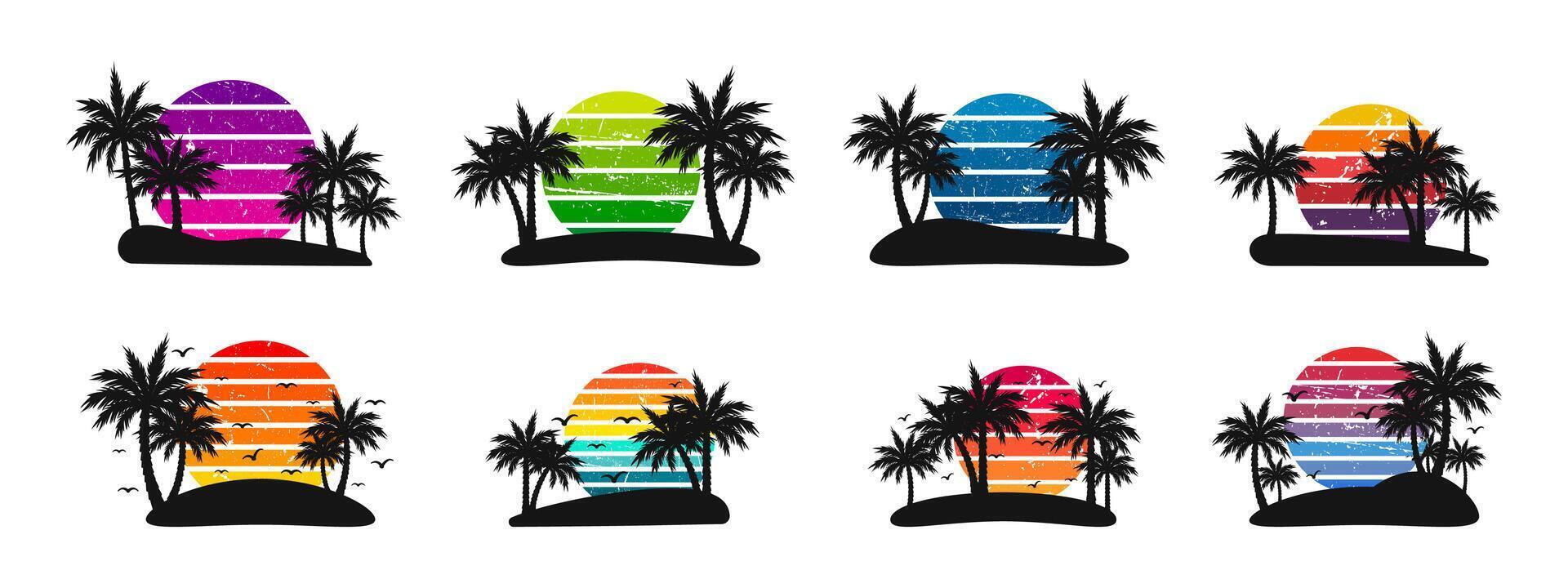 Retro sunset set with palm tree silhouettes. Sunset and palms. Tropical evening vector