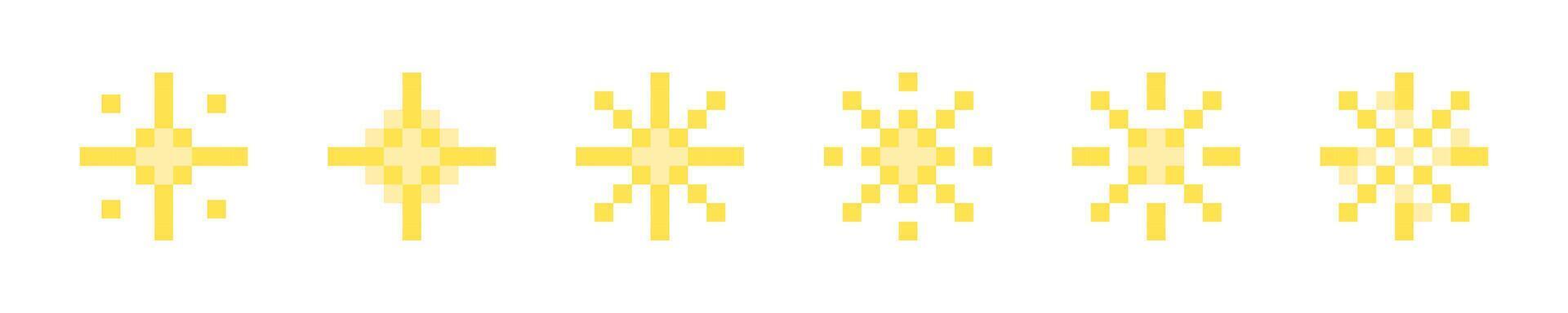 Pixelated stars. Pixel star set. Shiny stars pixel art icon set. 8-bit stars. Sparkling stars pixel art. vector