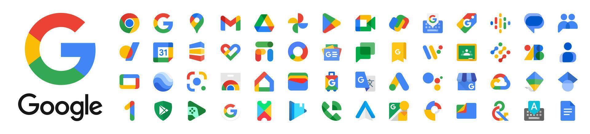 Google product icons. Official application icon Google. Google products. Google icons. Rivne, Ukraine - December 13, 2024 vector