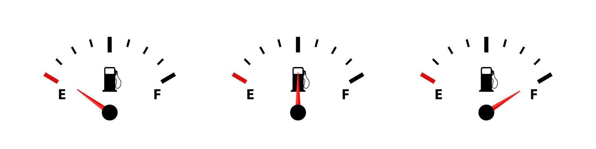 Fuel gauge set. Gas measure dashboard. Full and empty gasoline tank. vector
