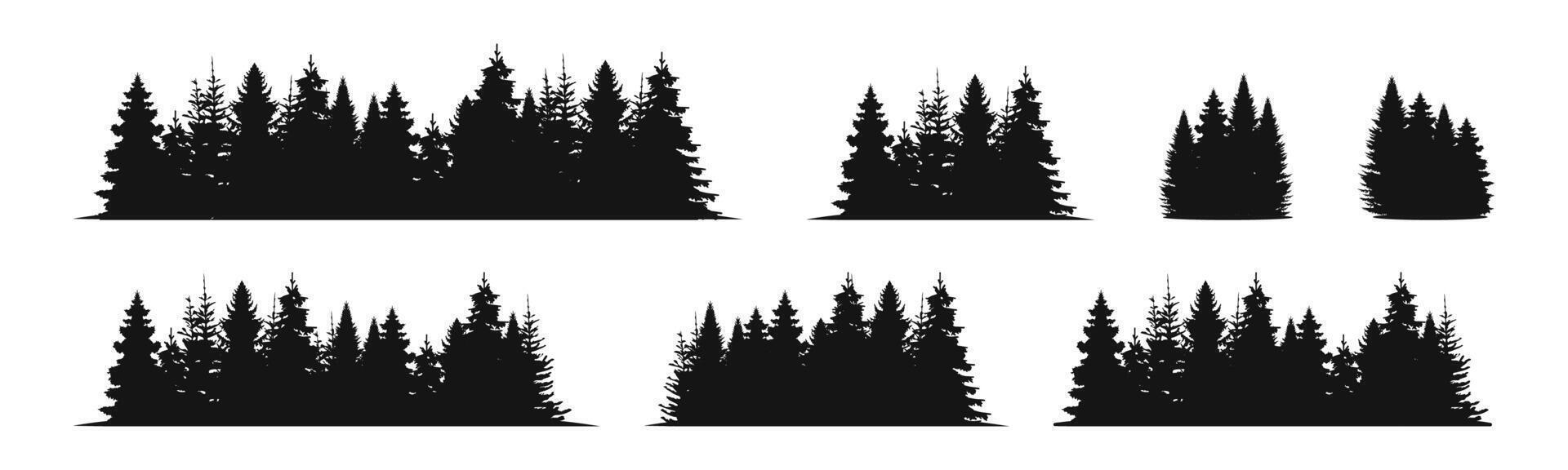 Forest silhouette landscape set. Spruce and pine tree flat black scenery. vector