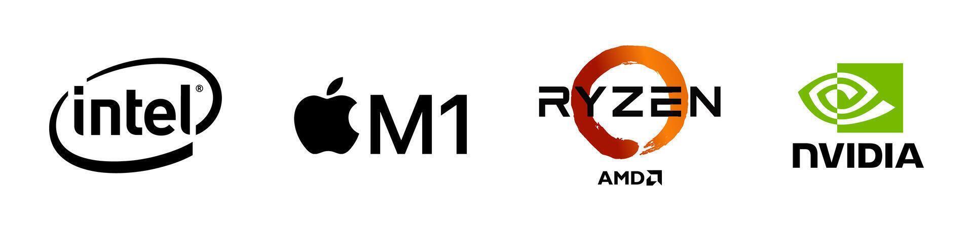 Hardware company logos set Nvidia, Intel, AMD Ryzen. Processor and Graphic card manufacturer logo. Rivne, Ukraine - November 20, 2023 vector