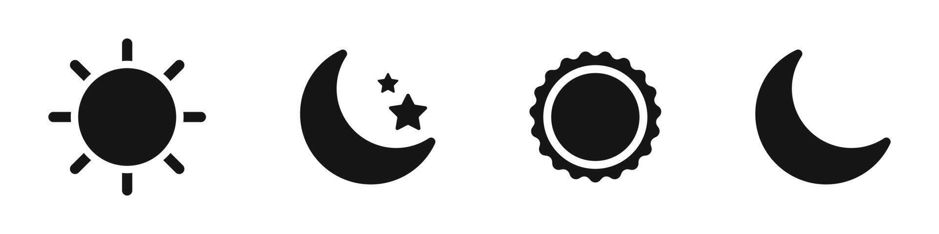 Day and night mode icons. Sun and moon icons. day nightsymbols. Sun and moon silhouettes vector