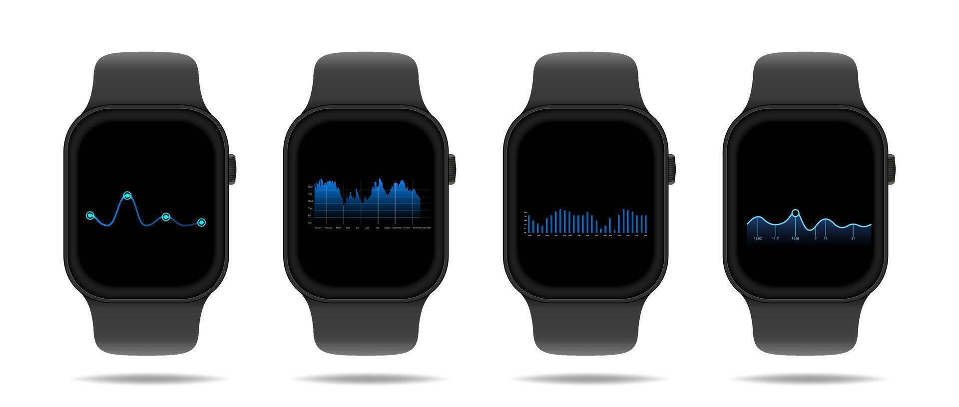 Smartwatch statistic display set. Fitness watch with data diagram. vector
