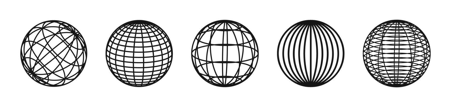 Globe grid spheres. Globes set. Geometric globe shapes vector