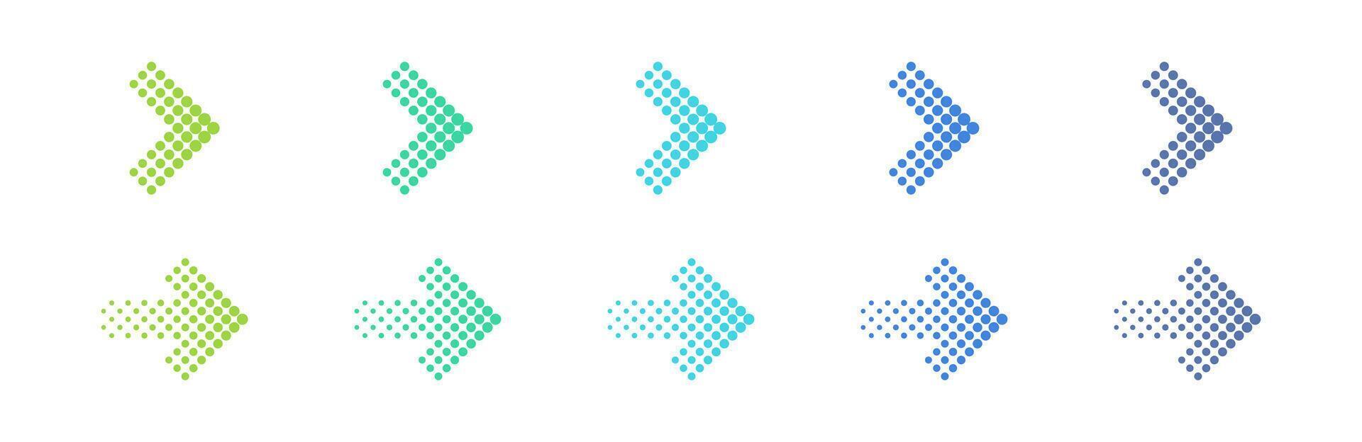 Colored up dotted arrows set. Halftone arrow icons. Colorful arrow collection. Arrow icon set. Arrow collection. vector