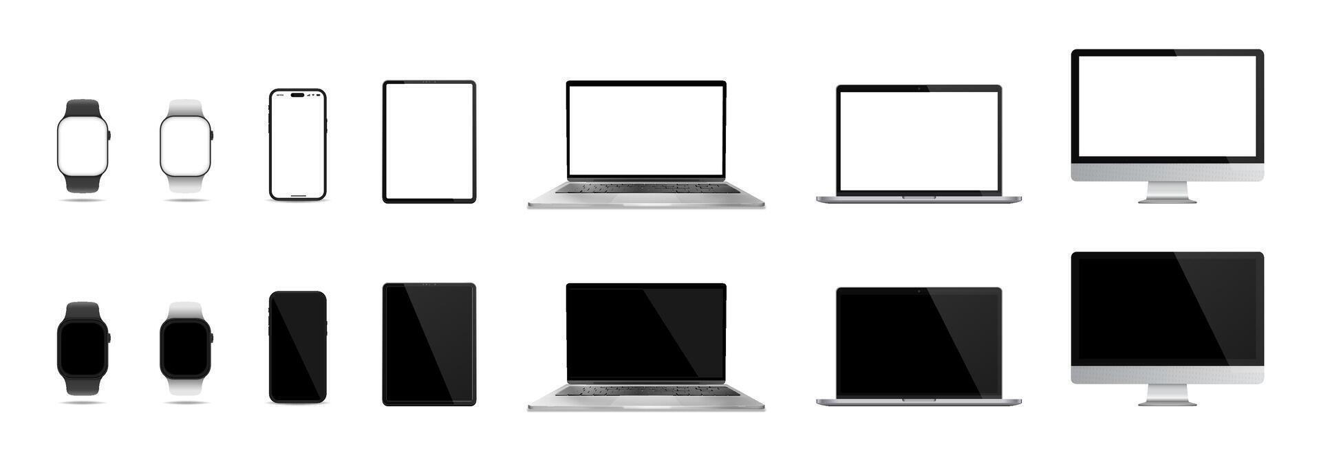 realista dispositivo colocar. mirar, teléfono inteligente, tableta, ordenador portátil y ordenador personal monitor. vector