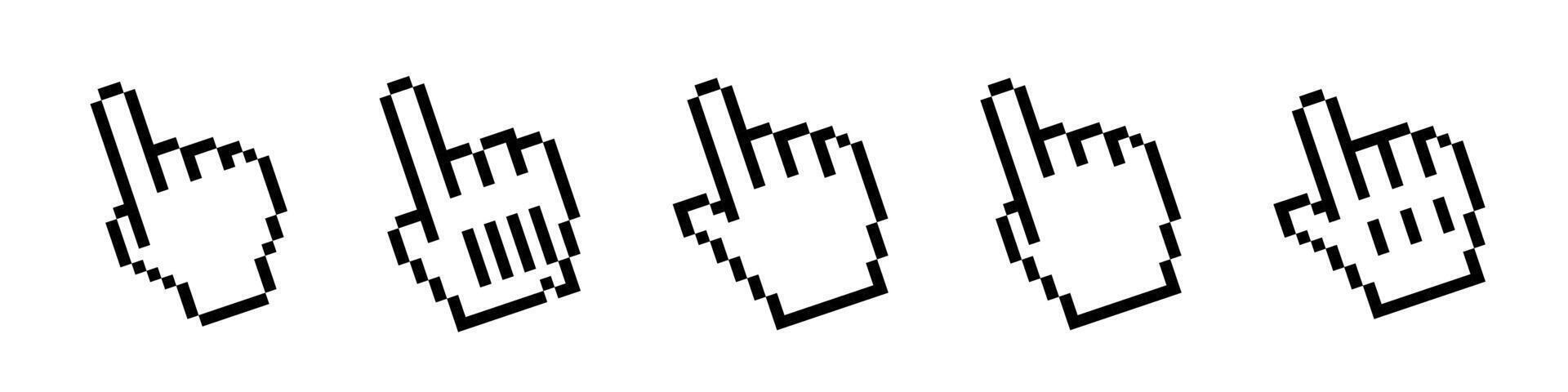 Pixel cursor icons. Arrow cursor in pixel style. Hand cursor vector