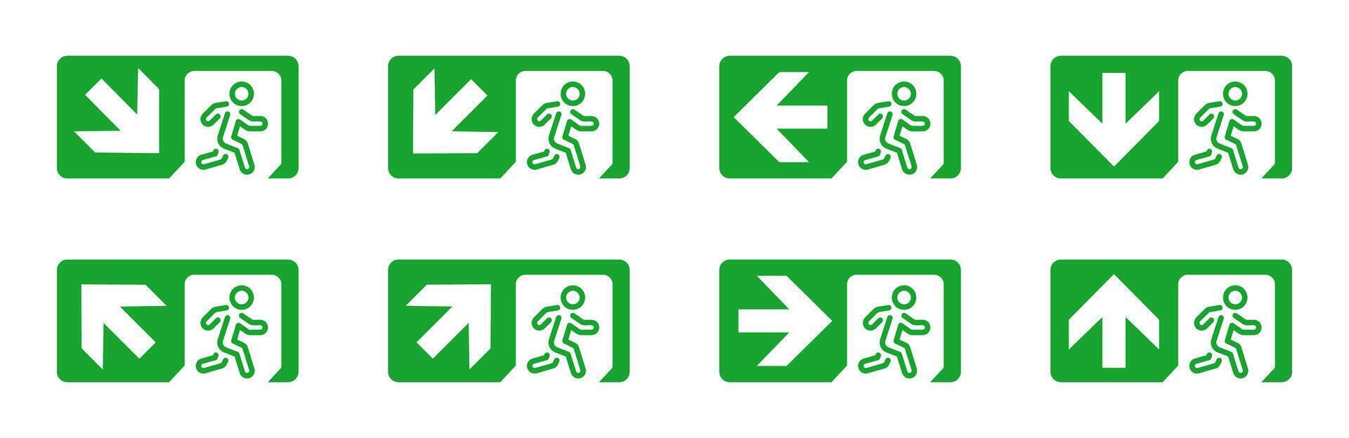 Emergency exit cion set. Green exit arrows. Evacuation direction. Flat style icons.Emergency exit cion set. Green exit arrows. Evacuation direction. Flat style icons. vector