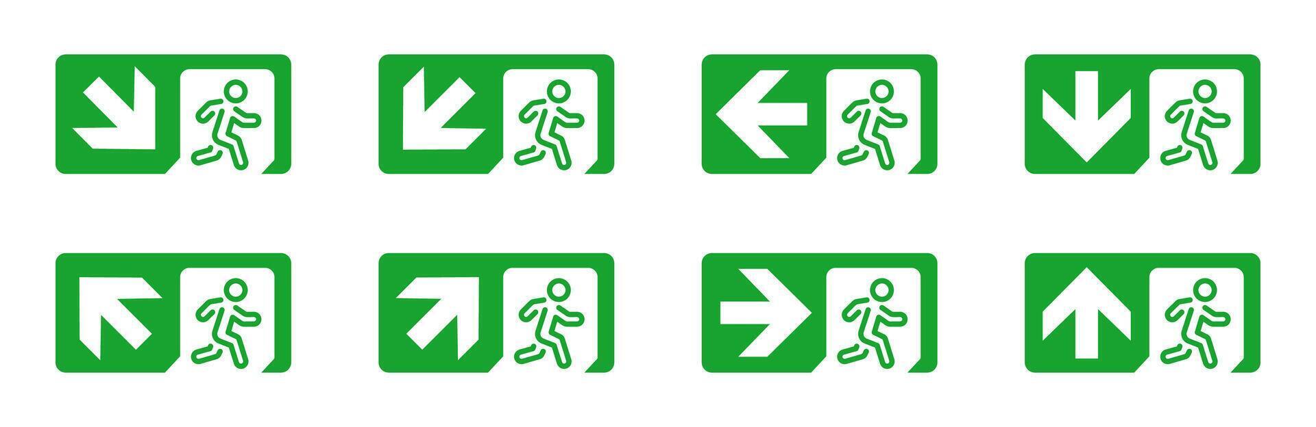 Emergency exit cion set. Green exit arrows. Evacuation direction. Flat style icons.Emergency exit cion set. Green exit arrows. Evacuation direction. Flat style icons. vector