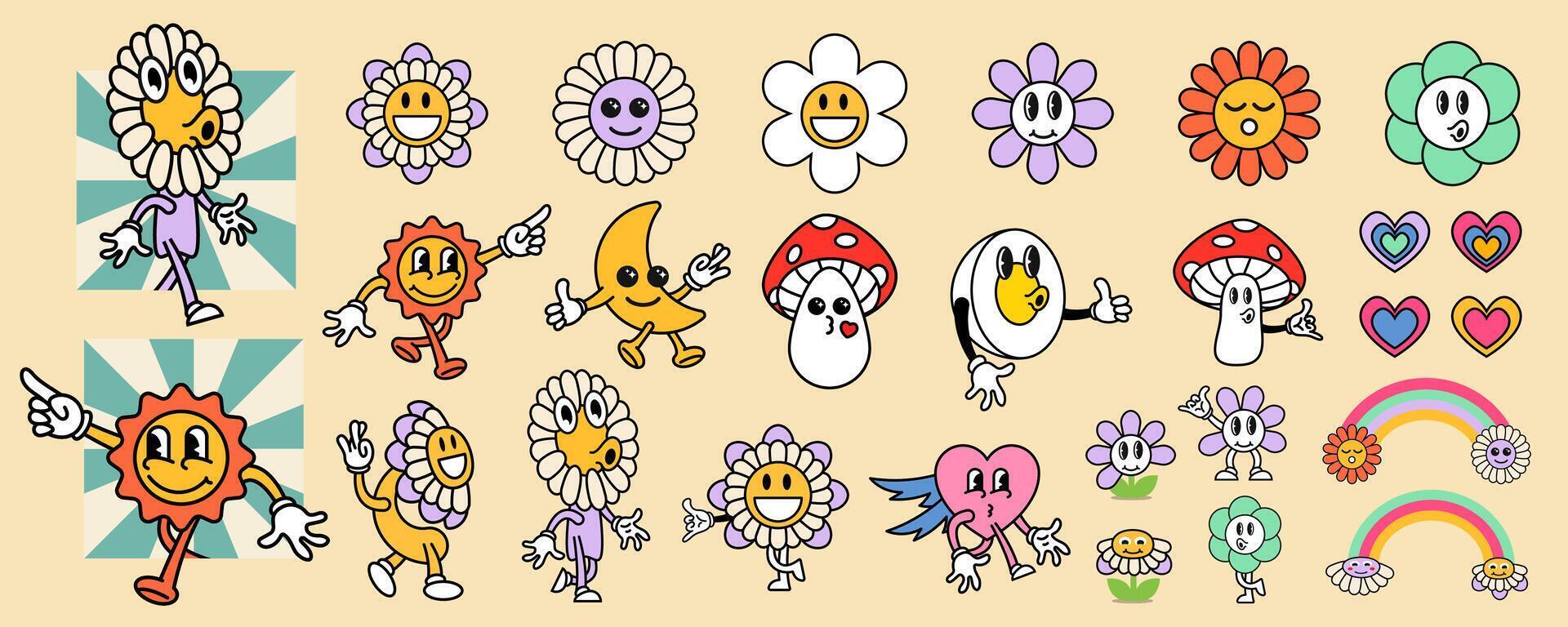 Groovy cartoon elements. Old cartoon style elements. Retro 70s groovy elements vector