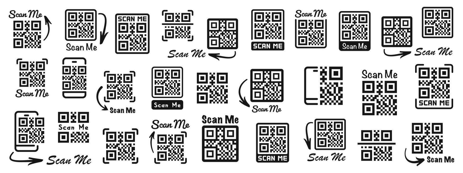 QR code silhouettes. Scan me icons. Quick response code icon set. Silhouette style icons. vector