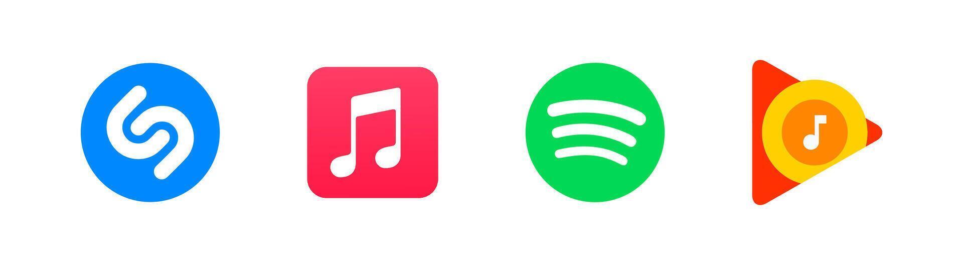 Music app logo. Top stream music servise company logo set. Apple music, spotify, itunes, shazam. Editorial logotype vector