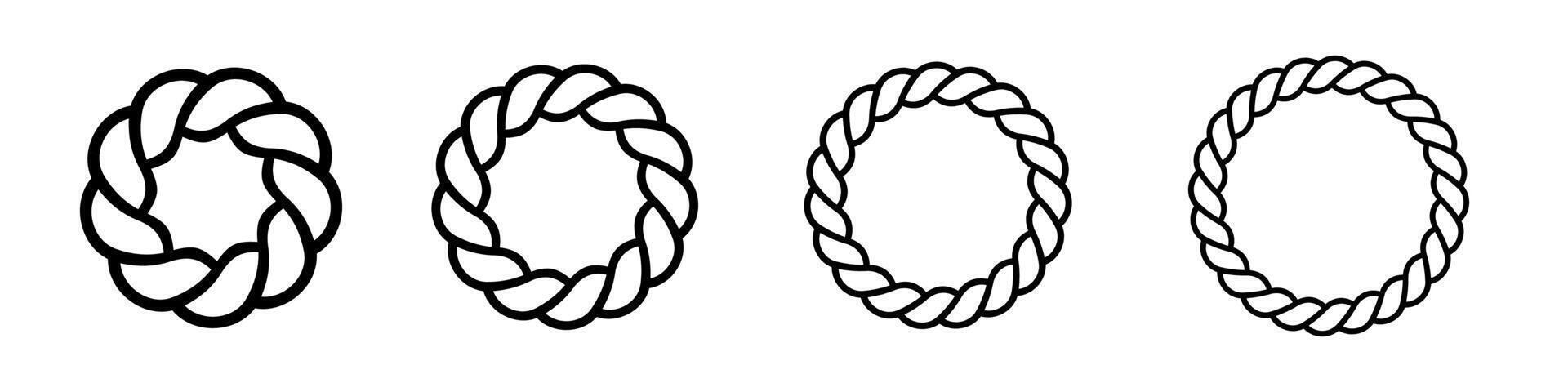 Round rope symbol set. Circular rope shapes. Circles made of rope. Rope borders vector