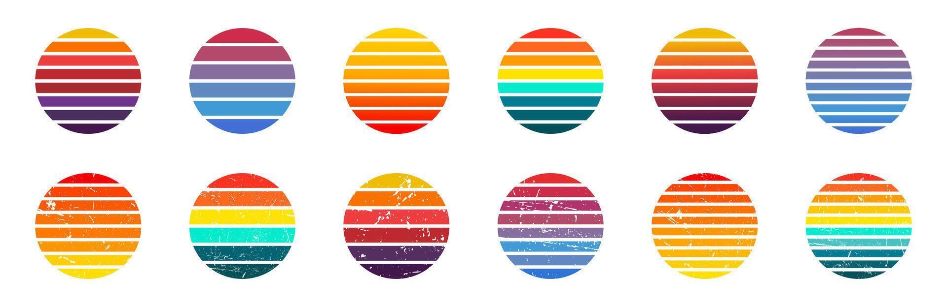 Retro sunset collection. Vintage sun icons. Sunset vintage design. Abstract cyberpunk sunset designs. Retrowave sunset collection. vector