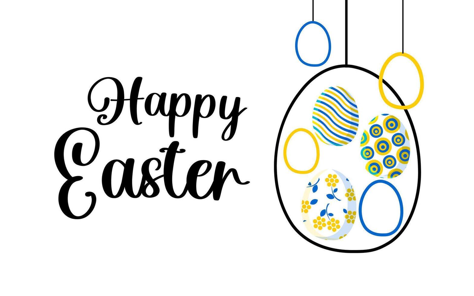 Happy Easter. Stylish trendy horizontal postcard with cute colored eggs in blue and yellow in a modern design. vector
